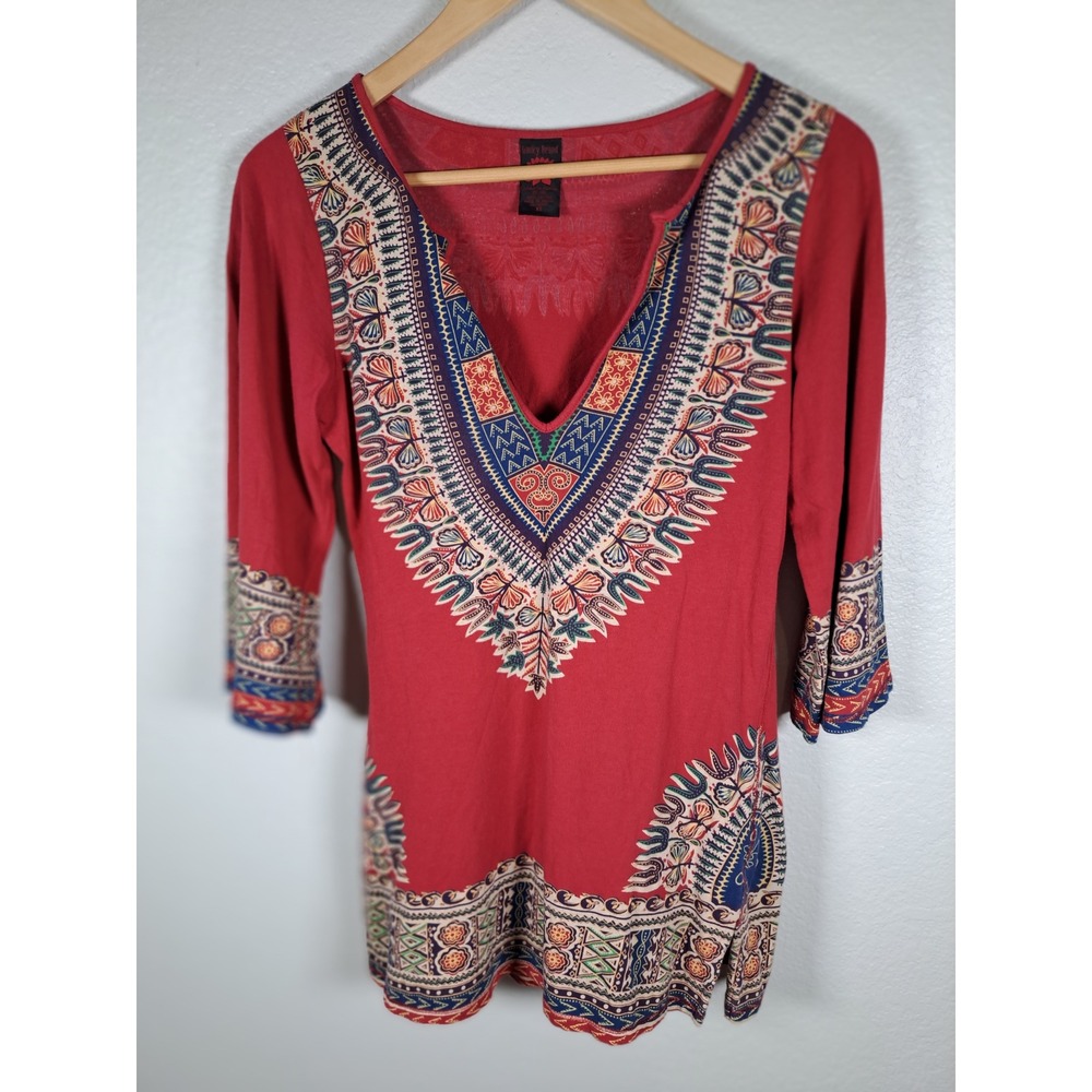 Lucky Brand Red Dashiki Print V-Neck Cotton Tunic Top XS Boho Geometric Graphic